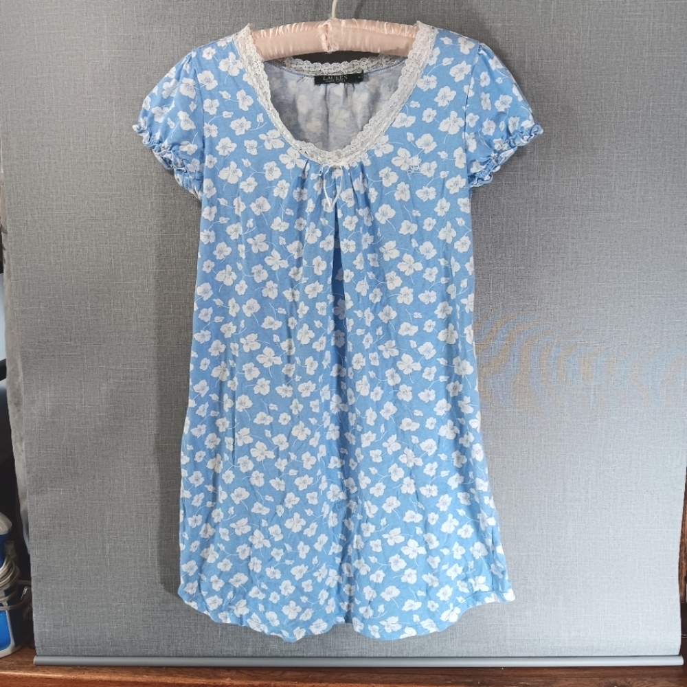 Lauren Ralph Lauren Blue Floral Short Sleeve Nightgown with White Trim